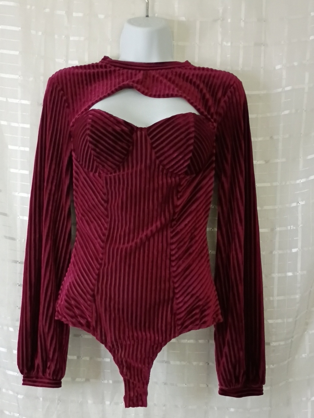 Lulu's Wine Ribbed Velvet Cutout Long-Sleeve Bodysuit